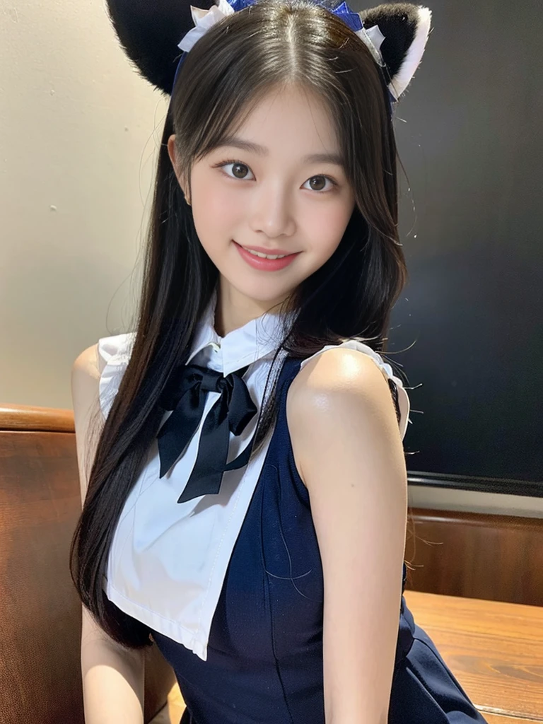 (Super cute Korean high school girl looks into the camera:1.2)(grin,Smile)(Beautiful Sweat:1.1)(16k, RAW Photos, highest quality, masterpiece: 1.2),(Beautiful black hair with cat ears) Super detailed, Super Resolution, (Genuine, Genuine photos: 1.37), Portraiture, High-resolution RAW color photos, Professional photos, Very detailed, 8k wallpaper, Very detailed CG Unity 8k wallpaper, Very detailed beautiful girls, Very detailed faces, ((whole body)), beautiful woman, Huge breasts,(huge boobs:1.1) (Big Boobs:1.1), Beauty college student (A tight, girly, navy sleeveless with ribbon.),high school girl, Korean Girls,(K-POP Female Idols), (Idol-class beauty)(Beautiful high school girl:1.1)(A library filled with books)(18-year-old)(Stylish school uniform-style outfit:1.1)(Group photo:1.1)(:1.0)(NSFW)