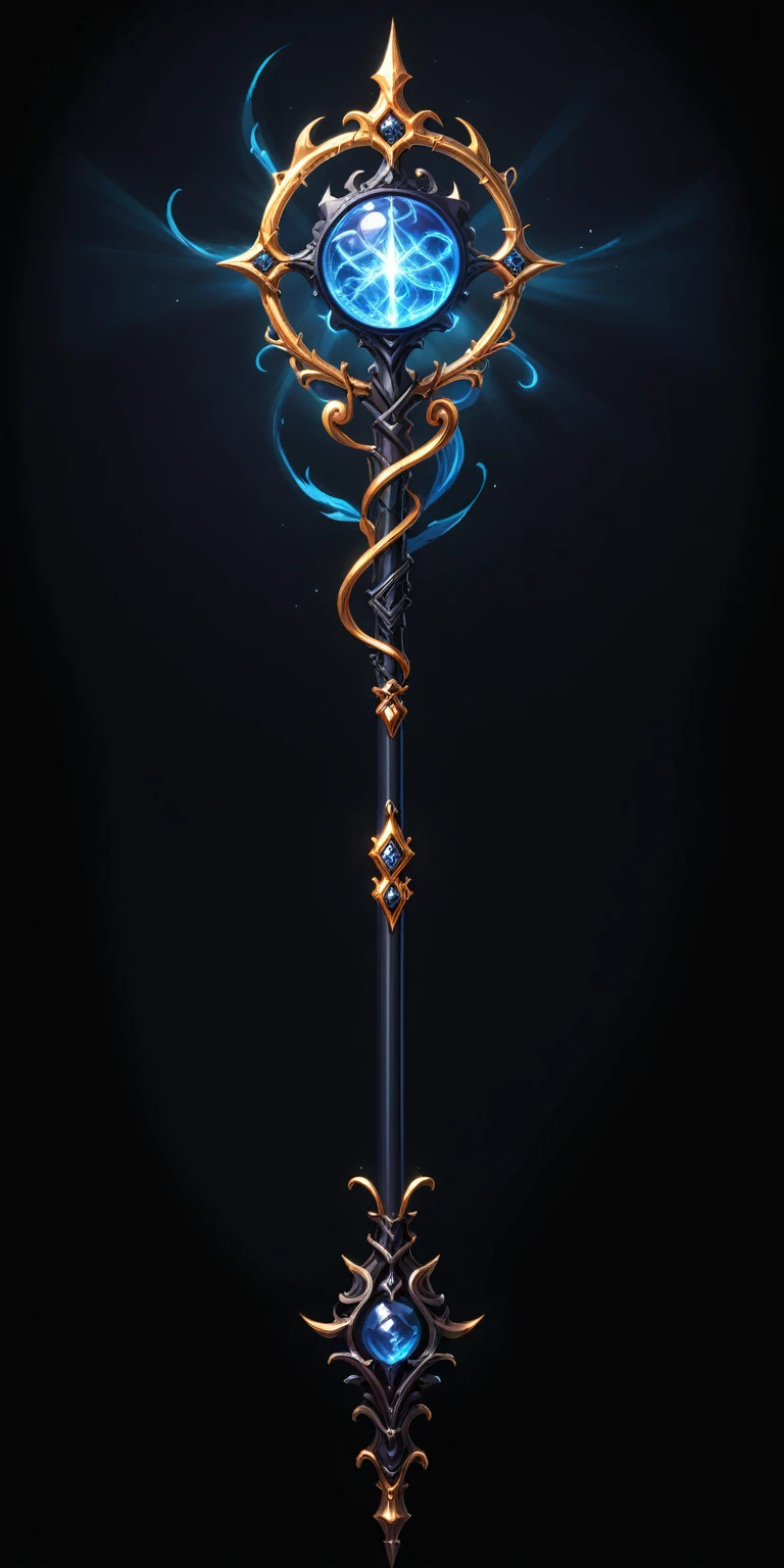 pixel art, cartoon illustration, Divine glavie greatstaff, Powerfull Magical theme, simple black background, RPG game icon