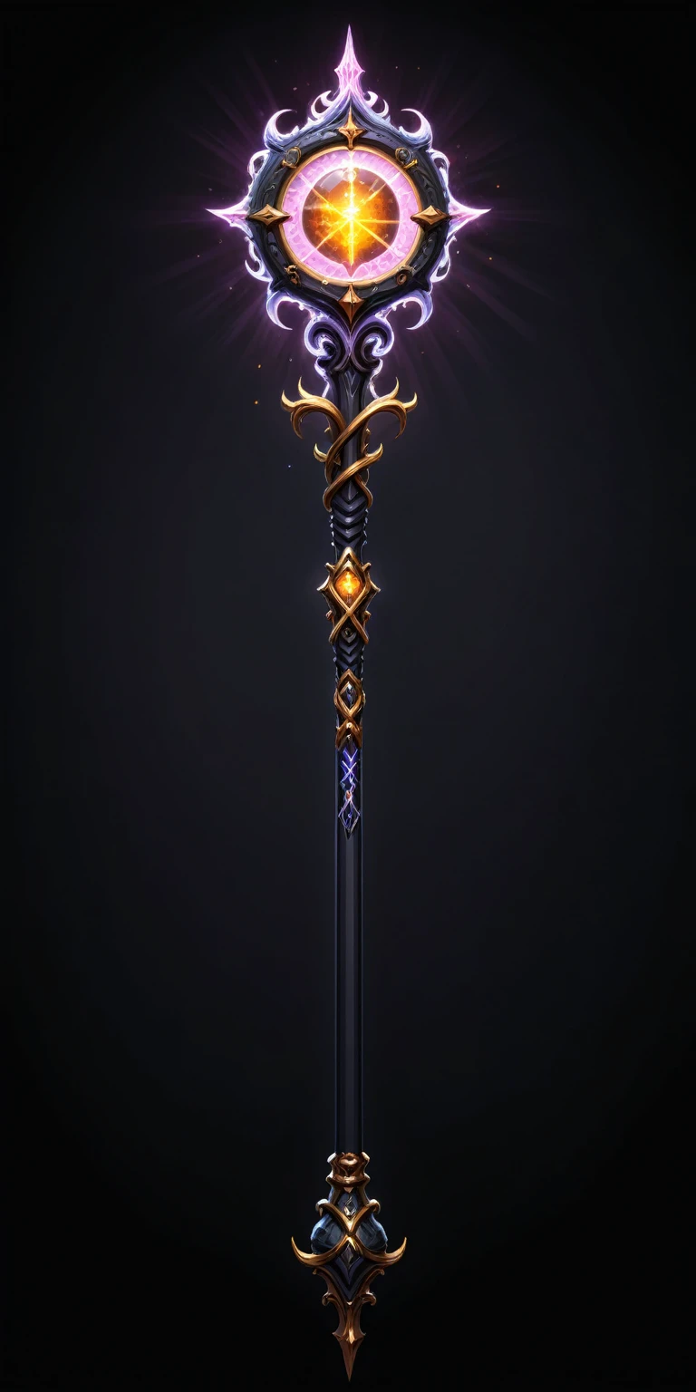 pixel art, cartoon illustration, Divine glavie greatstaff, Powerfull Magical theme, simple black background, RPG game icon 