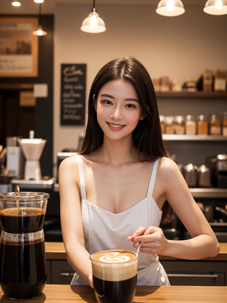 muste piece、High resolution、The coffee shop of the future、A woman brewing delicious coffee、25old girl、1Girl shop assistant、looking at the camera、smile、The result is exactly as pictured、Coffee and beauty、White and beautiful skin、