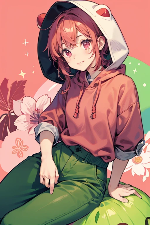 Tomatokatchi's head resembles a tomato, being round and red like one. She has dot shaped eyes and facial wrinkles near her mouth. She wears a purple shirt with green cuffs, green pants, and brown boots. Tomakatchi also wears a white hood with pink flower shapes and a green sprout at the top. SPARKLE; GLITTER