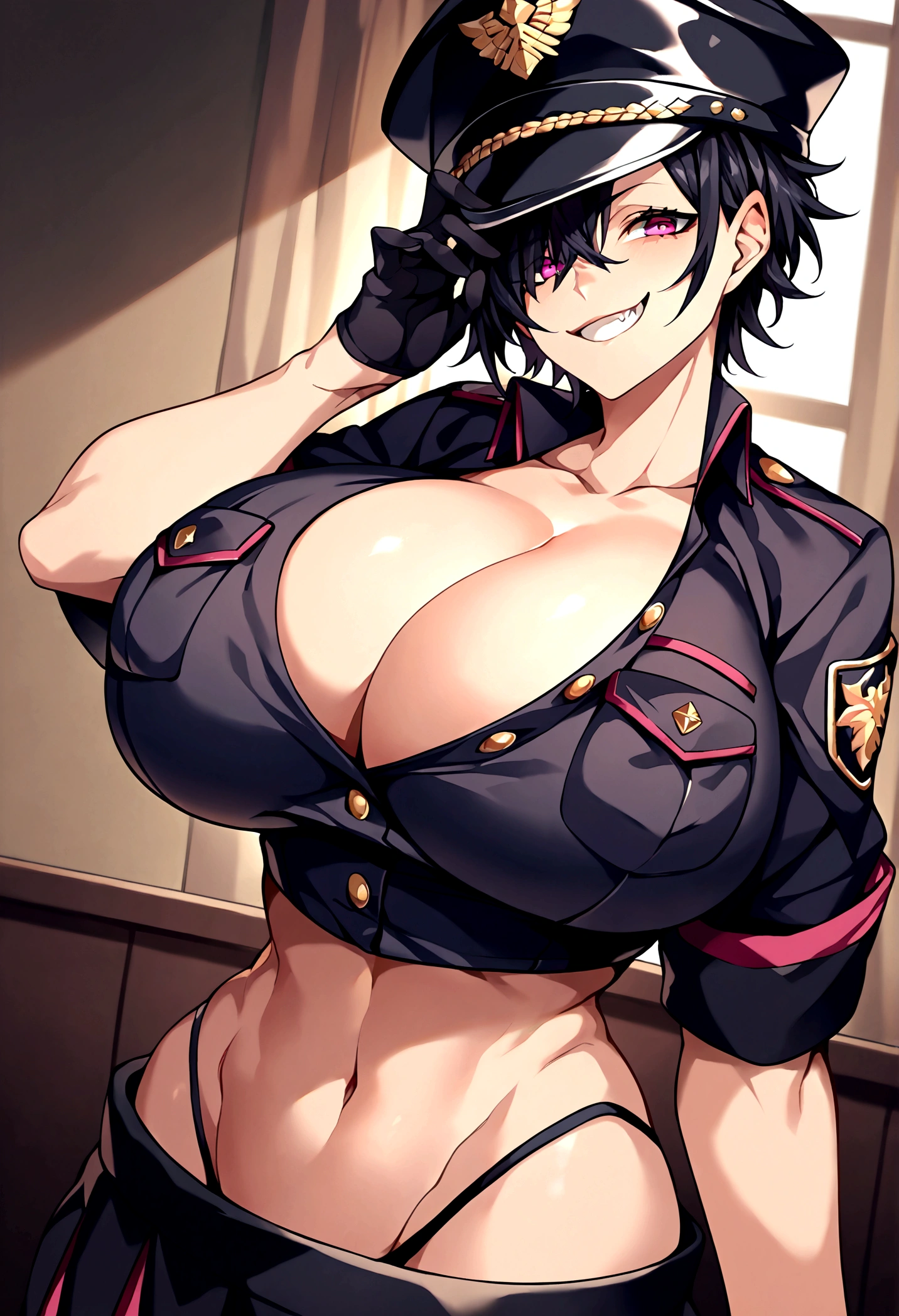 score_9, score_8_up, score_7_up, score_6_up, score_5_up, score_4_up, (source_anime), 1girl, huge breasts, looking at viewer, smile, fang, black clothes, short hair, shirt, midriff, skirt, thong, black hair, gloves, hat, cleavage, hair between eyes, collarbone, black gloves, pink eyes, grin, uniform, black shirt, black headwear, peaked cap, pocket, military hat, breast pocket, partially unbuttoned, hat tip, hat over one eye, indoors, military, military base, upper body, purple theme,