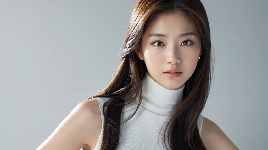 4k ,super high resolution ,(photo-realistic: 1.7),(detailed face),pretty,breasts,sleeveless and turtle neck white clothes,gray background,long hair,