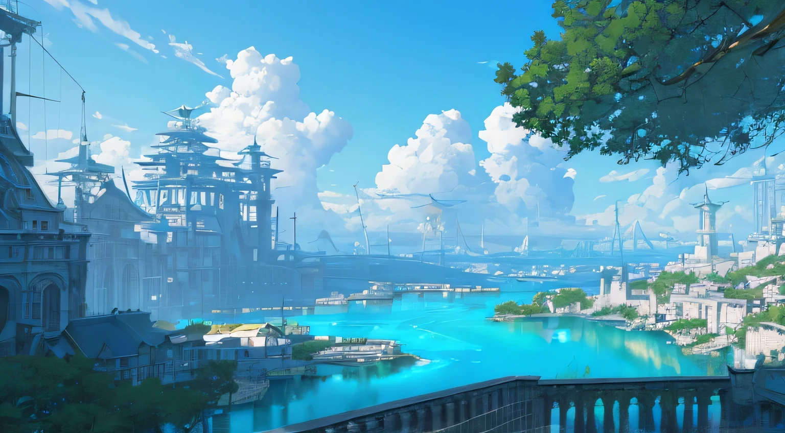Masterpiece, high detail, 8K resolution, ConceptArt, scenery, water, sky, day, tree, cloud, nature, sea, ancient city of water, ancient waterway, ship harboring, blue sky, from above, Makoto Shinkai artstyle