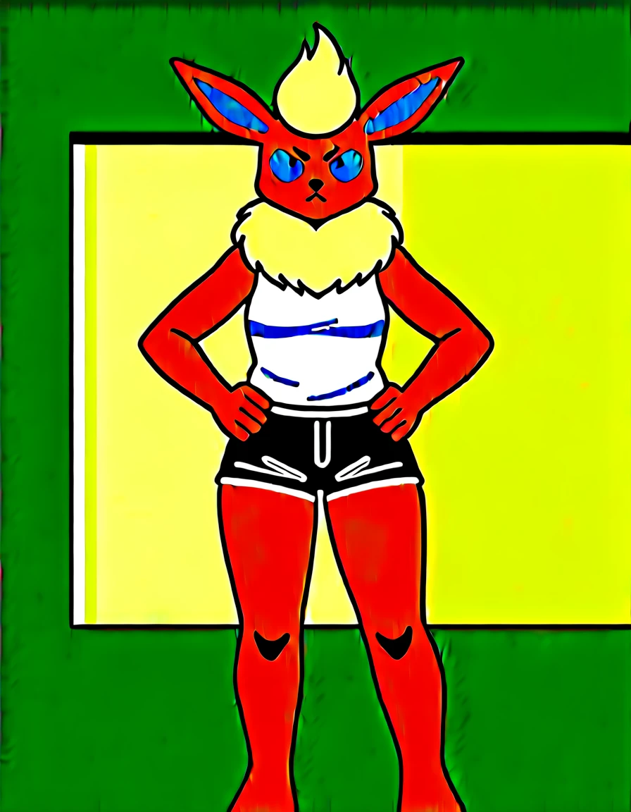 Solo, score_9,score_8_up,score_7_up, (source_furry, an Anthro furry flareon girl, Pokemon, tall and slender, blue sclera, white eyes, wearing black ripped tank top, black ripped shorts, arms crossed, moody expression, annoyed expression, standing outdoors, hands on hips, little yelling symbols, pouting, barefoot, indoors in a bedroom, mouth open, scolding viewer, pov
