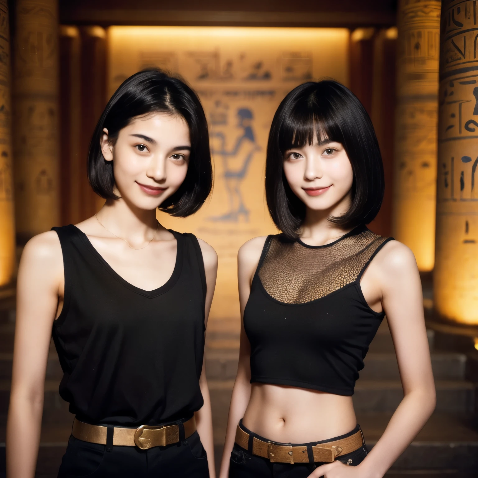244 (An 18-year-old female and an 18-year-old male), short hair,kind, lipstick, Egyptian civilization, Waist belt, Hieroglyphics, smile