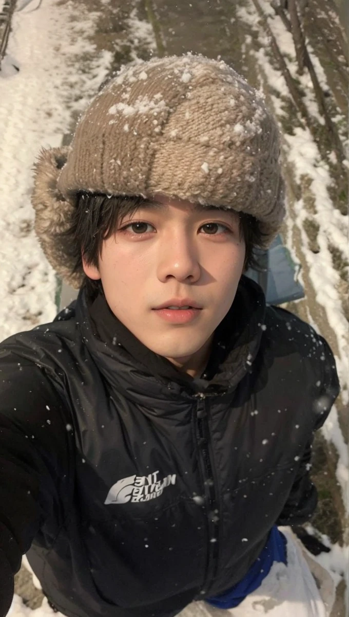 asian boy in the snow