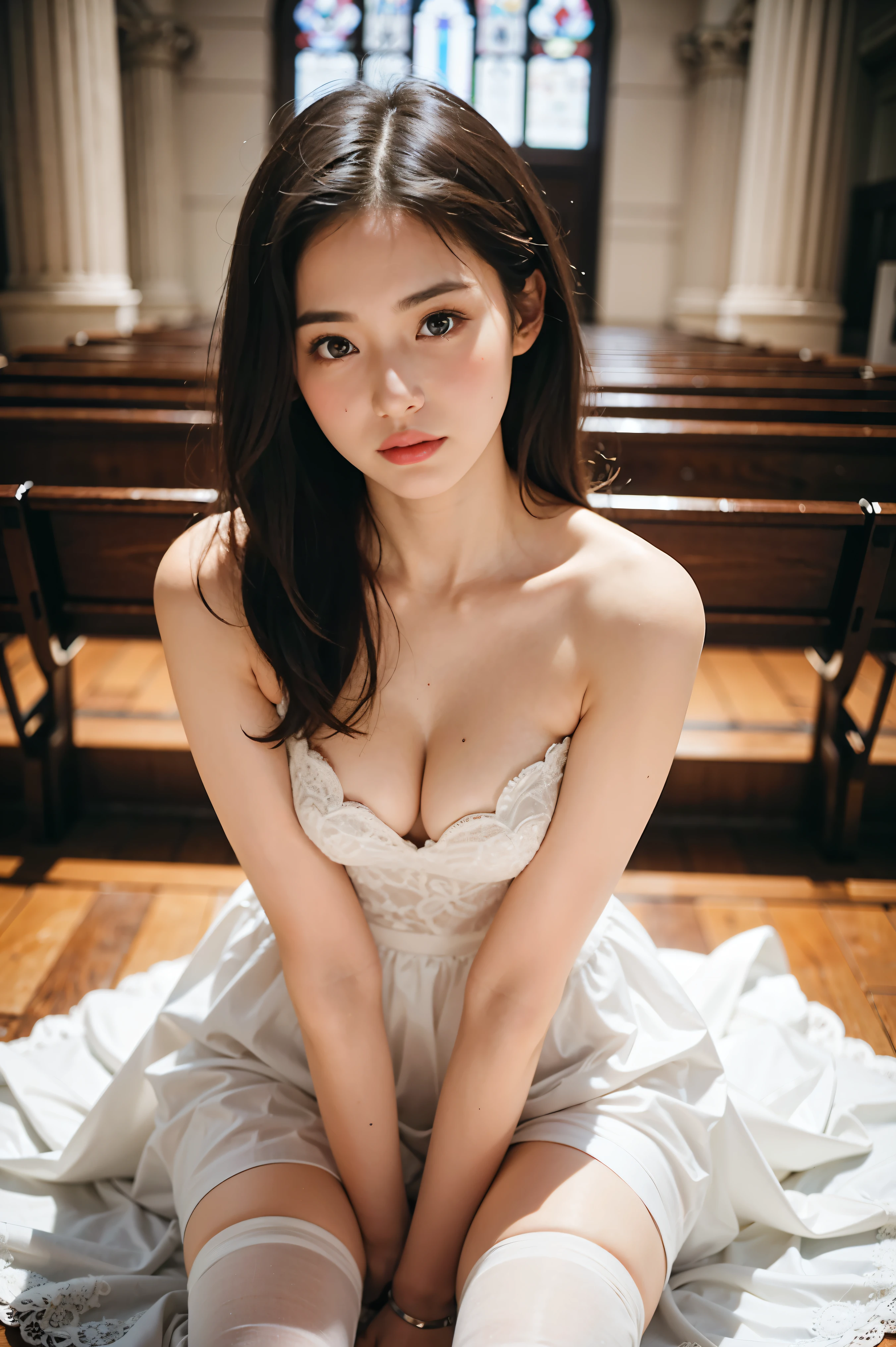 Photograph showing the whole body。She has her legs crossed。(RAW Photos, highest quality), (Realistic, Photorealistic:1.3), Tabletop, Crying face, Very delicate and beautiful, Soft Light, (Brown Hair, Straight shoulder-length hair fluttering in the wind), Beautiful detailed girl, Highly detailed eyes and face, Beautiful and detailed nose, Fine and beautiful eyes, (Crying face：1.3)1 girl,Pure beauty, cute,, (Small breasts:1.2), Realistic face, Realistic body,Full body photo、Wearing a wedding dress。She is in the church。