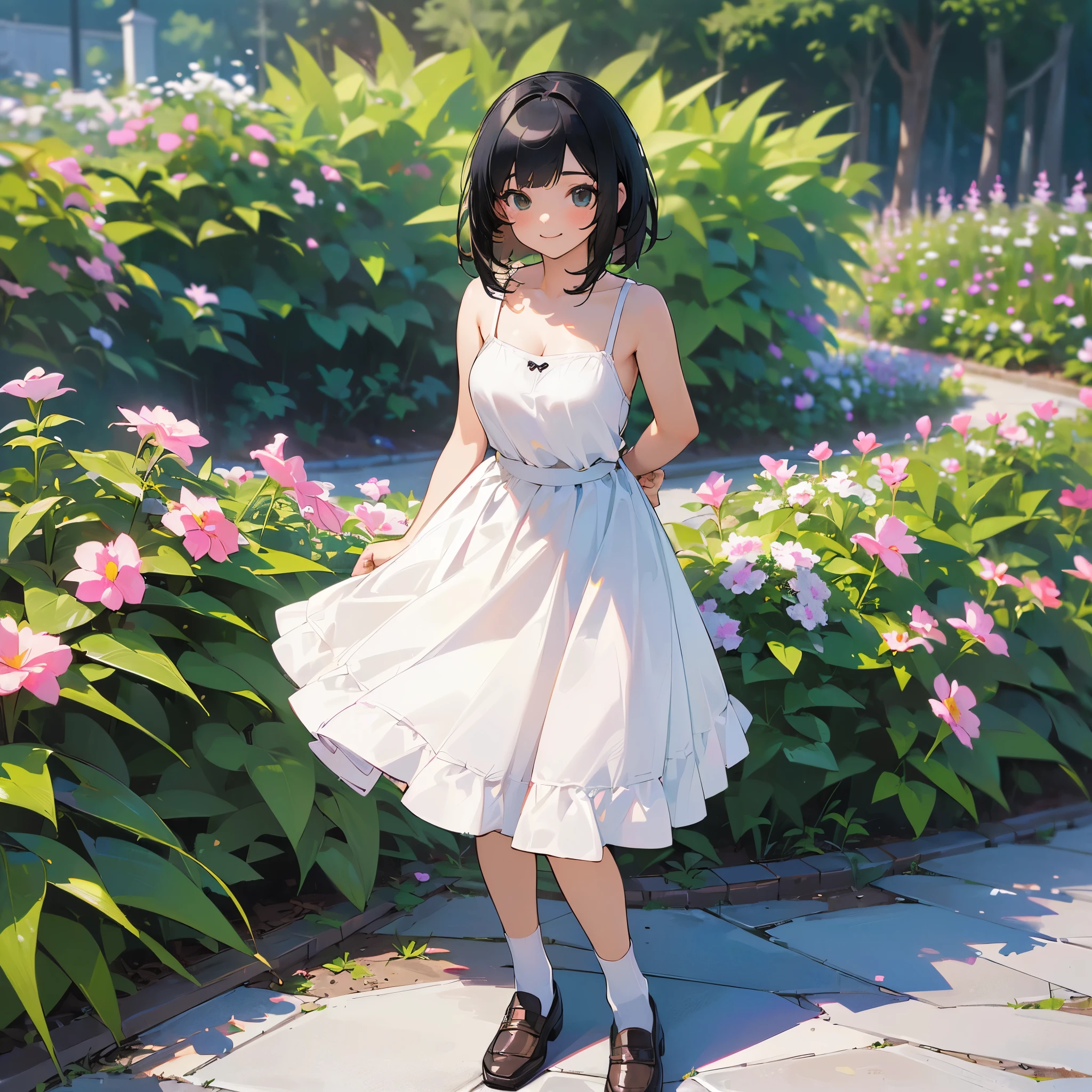 (high quality, High resolution, Very detailed, reality:1.37), Peaceful atmosphere, (Outdoor, garden), Teenage girl standing alone, (my breasts are big.), Beautiful details, Cute Smile, (Black bob hair), White camisole dress, White socks, loafers.