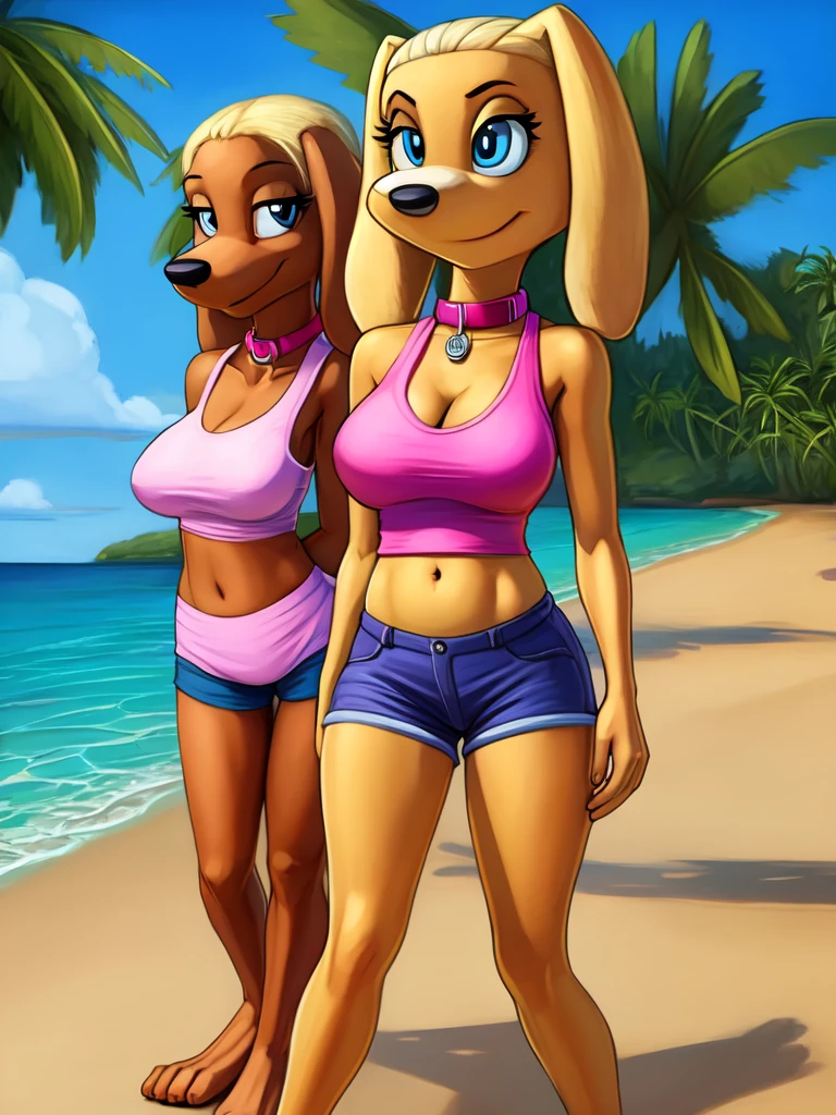8k.4k,((Best quality, masterpiece, ultra high resolution)),((full body)), by pixelsketcher, brandi harrington, furry,female, tail,dog girl, animal ears, blue eyes, dog tail, dog ears, standing, barefoot,big breasts,blonde hair,animal nose,collar,navel,pink tank top,shorts,beach,sunbathing, wide hips, navel