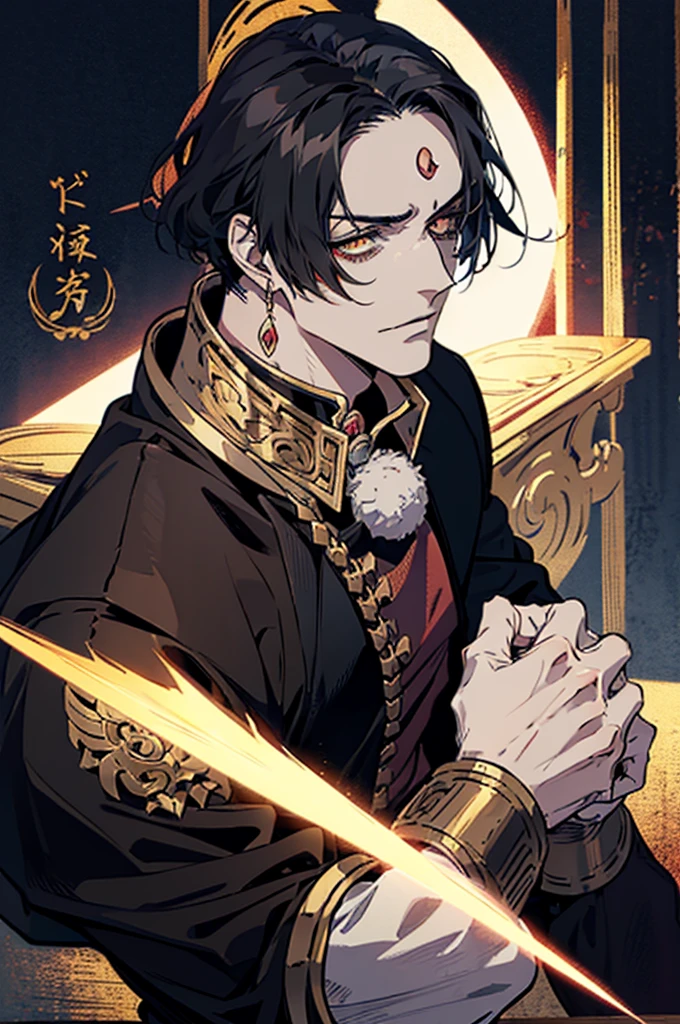 anime guy with black horns, golden glowing eyes, bangs, handsome guy in demon slayer art, handsome japanese demon, detailed anime character art, detailed digital anime art, with black hair, anime handsome man, male anime character, inspired by Gege Akutami, mid 20s, masterpiece, light pencil strokes