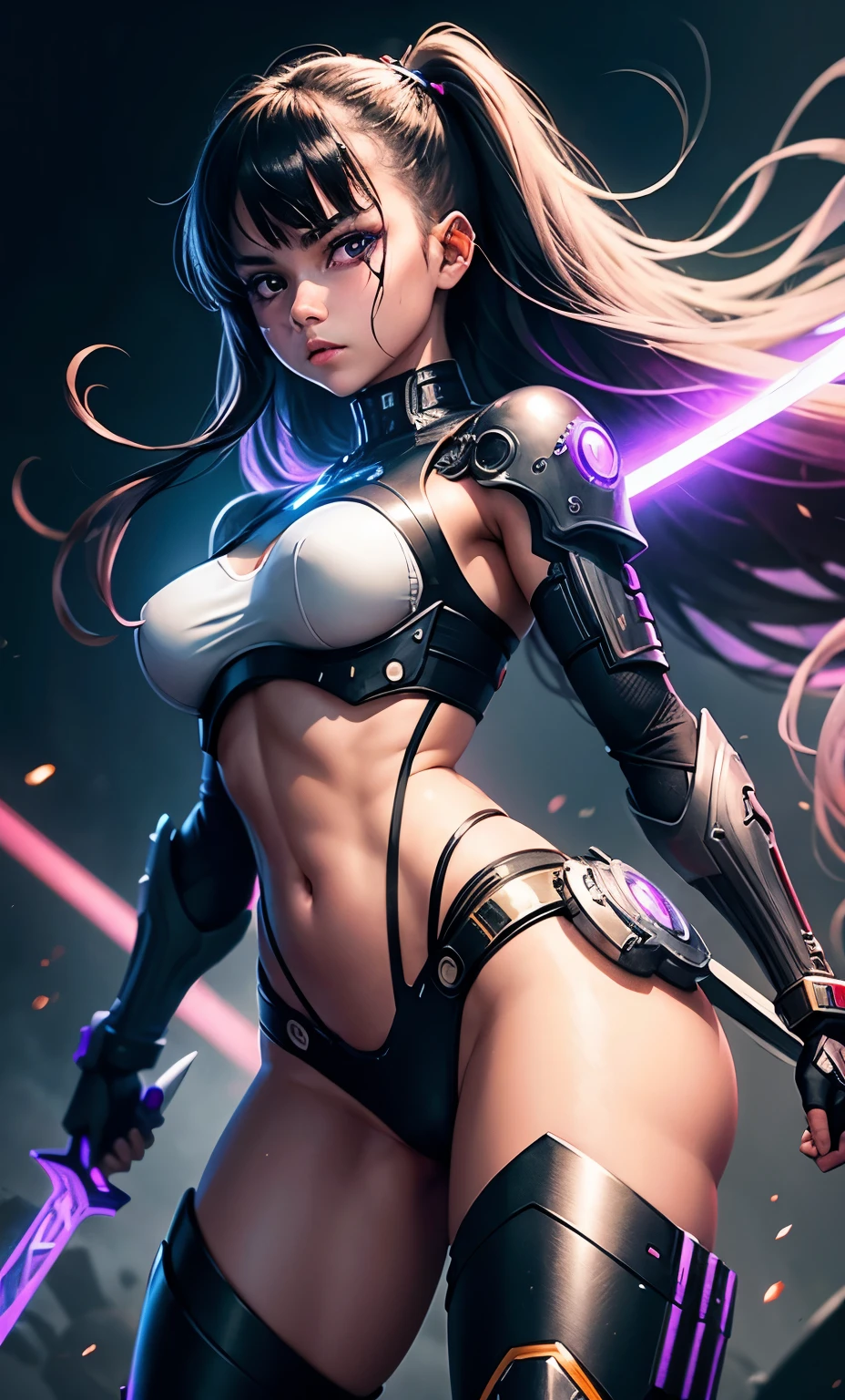 Best quality, raw photo, ultra detailed, 1girl, in the battlefield, cyborg body, big swords, neon eye.
