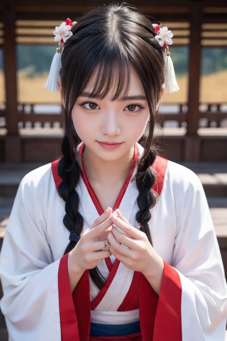 Frontal close-up of face，fortune teller　prayer、 Background temple、Super beautiful face，woman， Chinese style， Ancient Wind，Hanfu， Sitting pose， Long black hair， Delicate clothing patterns， Grace， nice， Grace， smile， ribbon，Sense of brokenness， it is， bubble， Double up braid， Hairline， Diagonal bangs， hair band， hair ornaments，Sparkling， Cinema Lighting，  Hyper HD， High resolution， 最high quality， 8k， High detail， high quality， Super detailed， Anatomically correct， masterpiece， Accurate，plump，，screen