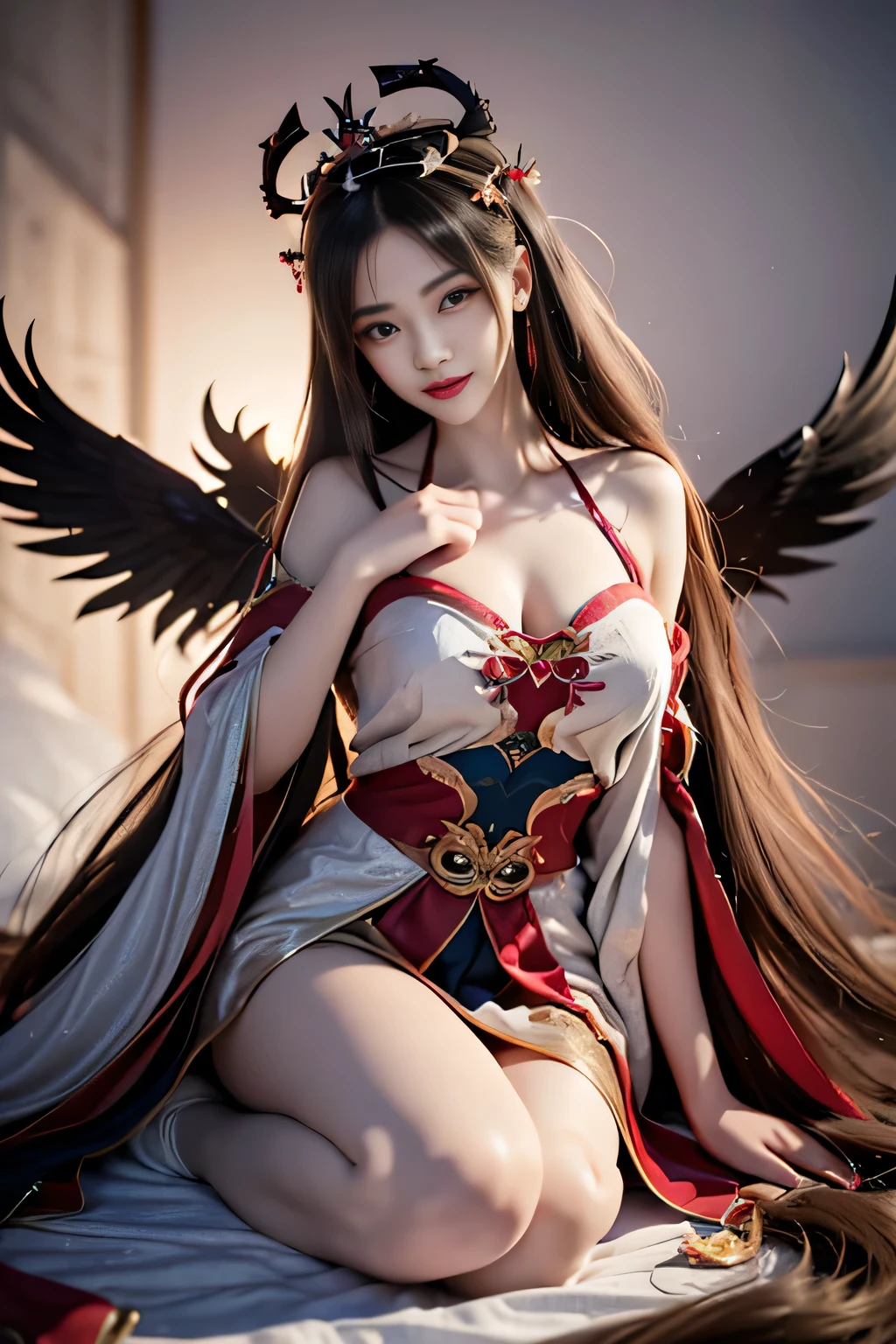 huge filesize,wallpaper,game cg,artbook,a red bird docked on its shoulder,1girl,solo,hair ornament,wings,black hair,makeup,feathers,looking at viewer,fingernails,sitting,jewelry,hand up,feathered wings,eyeshadow,talons,smoke,lipstick,long fingernails,sharp fingernails,headdress,holding,red lips,tassel,<lora:add_detail:1>,