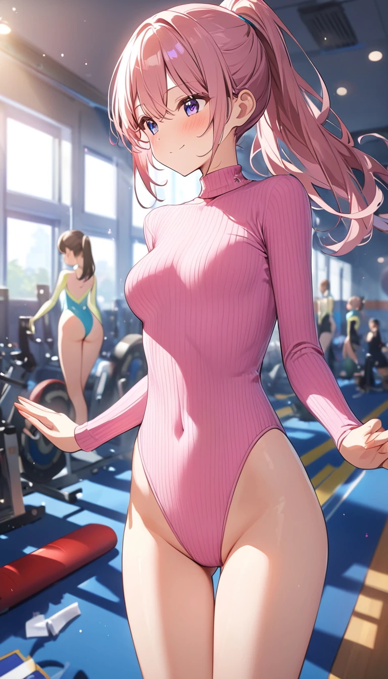 highquality illustration, masterpiece, very delicate and beautiful, attractive girl,(colorful leotard, heattech leotard,tight leotard,long_sleeve leotard,ribbed leotard,high_leg leotard,turtleneck leotard), thin,slender body,slim,gymnastics club,2 girls,gymnastics athlete,bare legs,gymnasium background,beautiful eyes, light smile,(masterpiece, best quality:1.2), highres, extremely detailed CG unity 8k wallpaper, perfect lighting, Colourful, ultra-high res,4K,ultra-detailed, photography, 8K, HDR, ages,