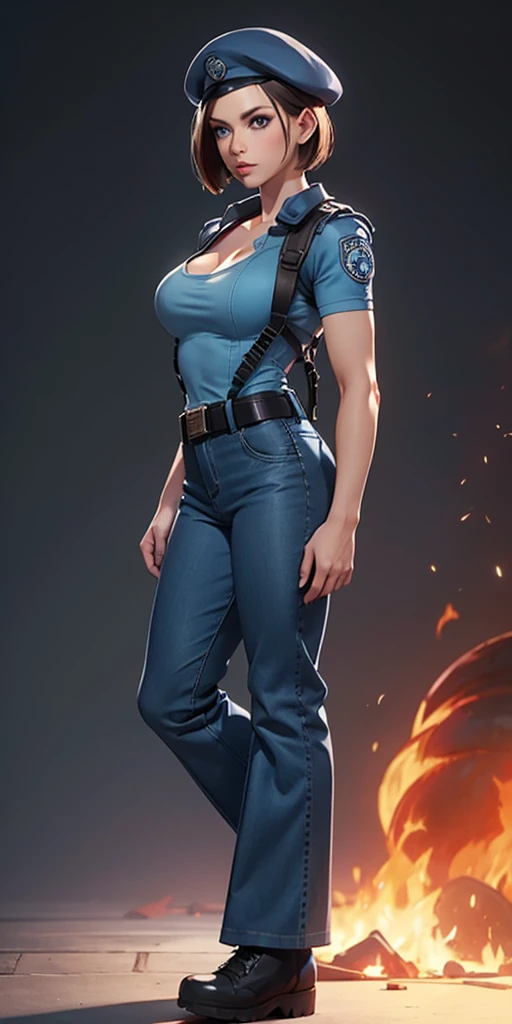 Jill Valentine, masterpiece, best quality, 1girl, solo, standing, jillre1, beret, uniform, shoulder pads, short sleeves, harness, belt, bell-bottom blue pants(Wide flares on pants:1.2), cleavage, black combat boots, full body, perfect blue eyes, perfect red mouth,