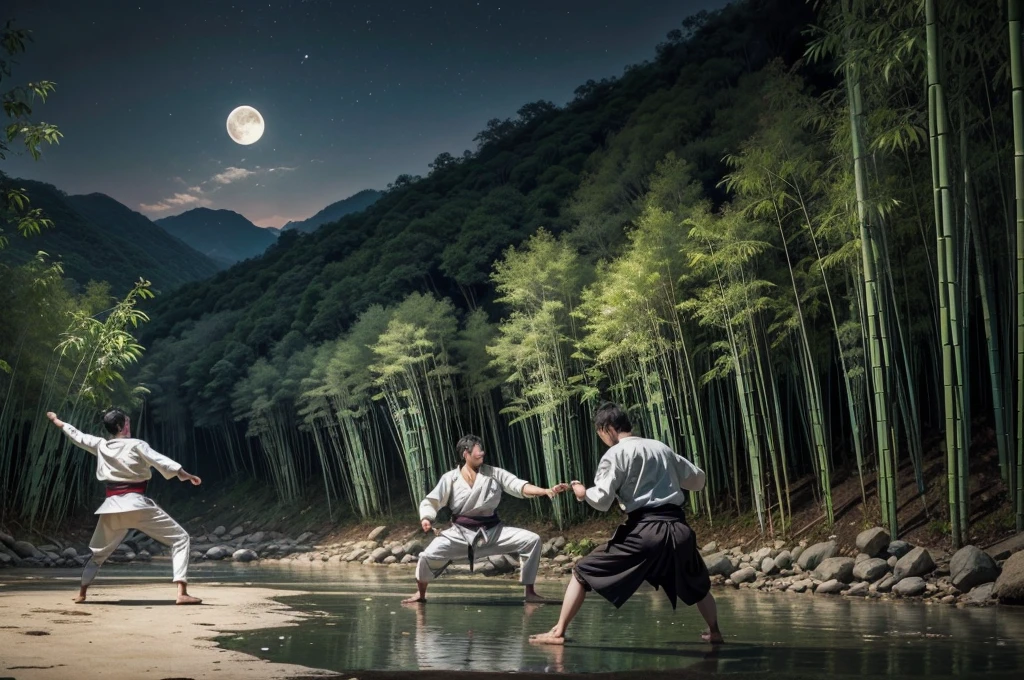 You are artist Yoshitaka Amano. Draw two karatekas fighting. In the background a forest with bamboo, a river and a full moon. Do it a little further away to enhance the scene. Add "defects" as if it were a painting worn by time.