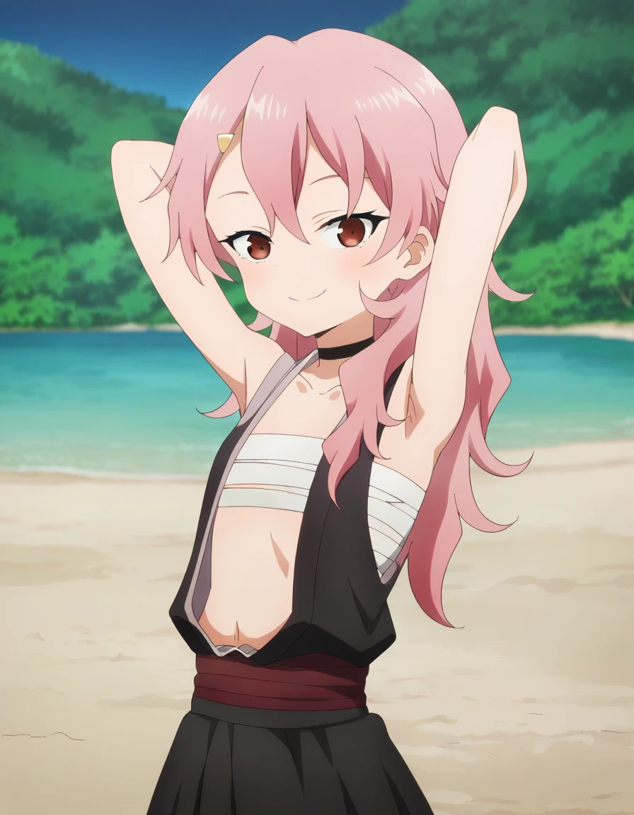 benisumomo, anime coloring ,BREAK source_anime, anime, long hair, hair ornament, red eyes, navel, pink hair, japanese clothes, choker, hairclip, flat chest, black choker, sarashi, chest sarashi, black skirt, high quality, solo, night sky, beach, arms behind head, contrapposto, closed mouth, spread armpits, (cowboy shot:1.5), looking at viewer, smile, best quality, puffing chest, sexy, head down,