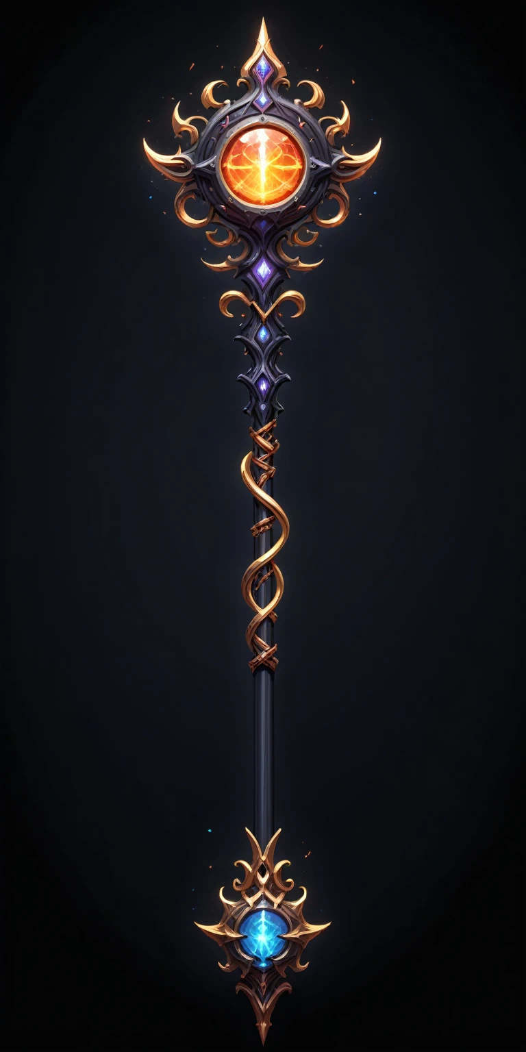 pixel art, cartoon illustration, Divine glavie greatstaff, Powerfull Magical theme, simple black background, RPG game icon