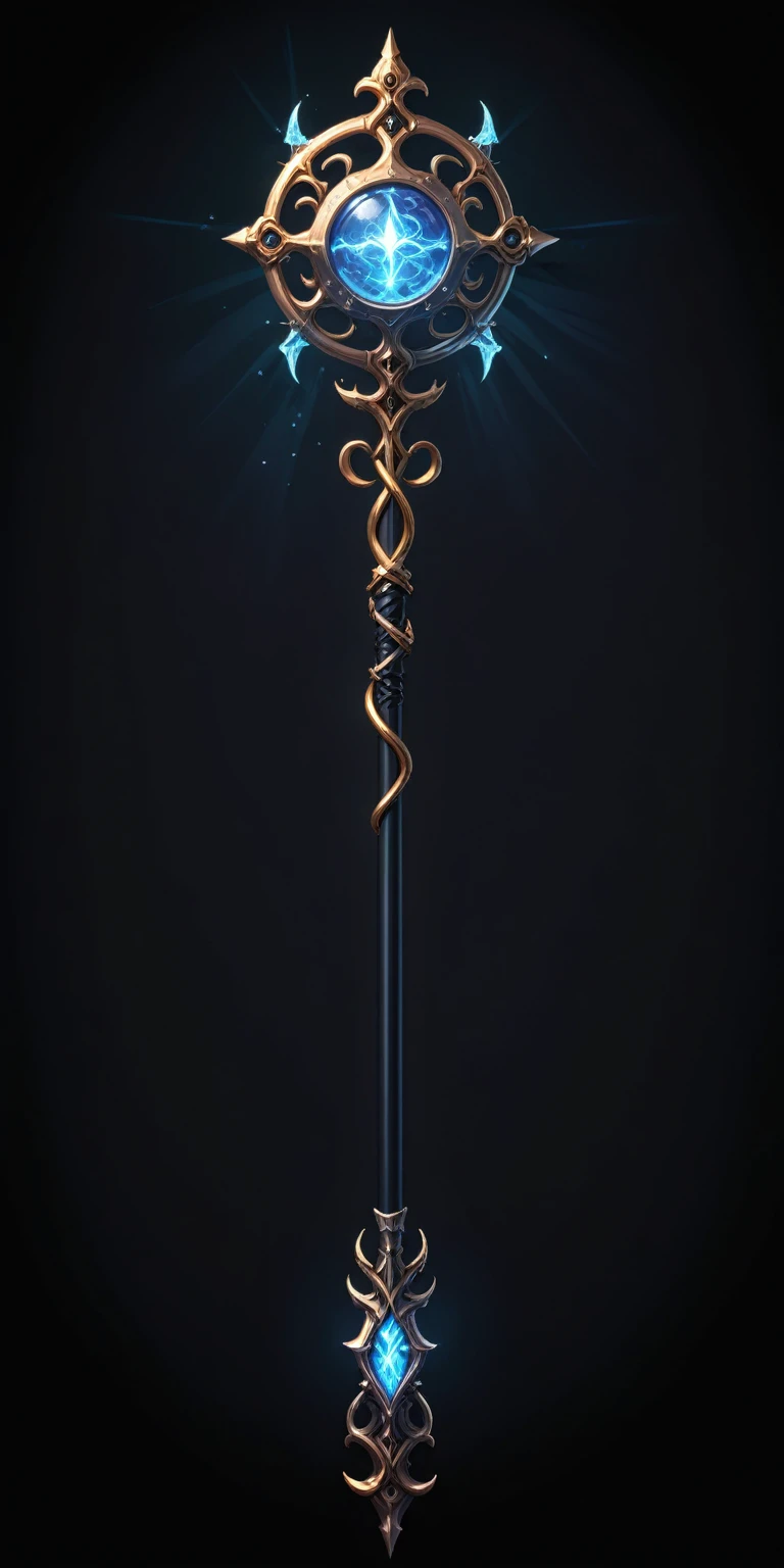 pixel art, cartoon illustration, Divine glavie greatstaff, Powerfull Magical theme, simple black background, RPG game icon