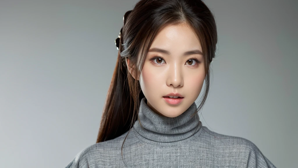 4k ,super high resolution ,(photo-realistic: 1.7),(detailed face),pretty,breasts,turtle neck white kimono sleeve,gray background,long hair,
