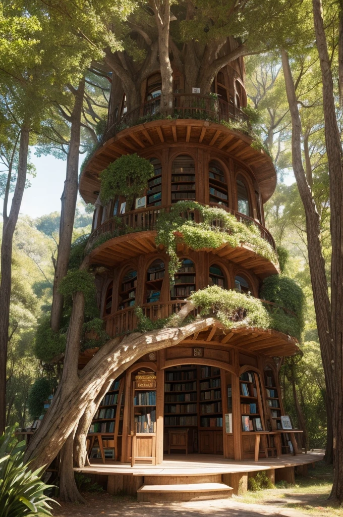 Create a bookstore inside a magical tree, no estilo de Feltro