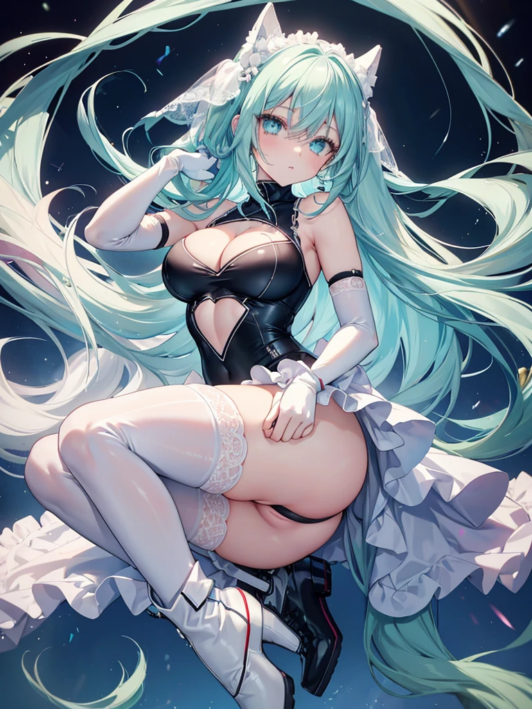 female_pervert,race_queen,teenager,glamor,long hair,straight_hair,aqua eyes,ahegao,bright_pupils,medium breasts,cleavage,slender_waist,athletic_leotard,cutoffs,white_bodystocking,layered,lace,frilled,ass_cutout,ankle_boots,elbow_gloves,