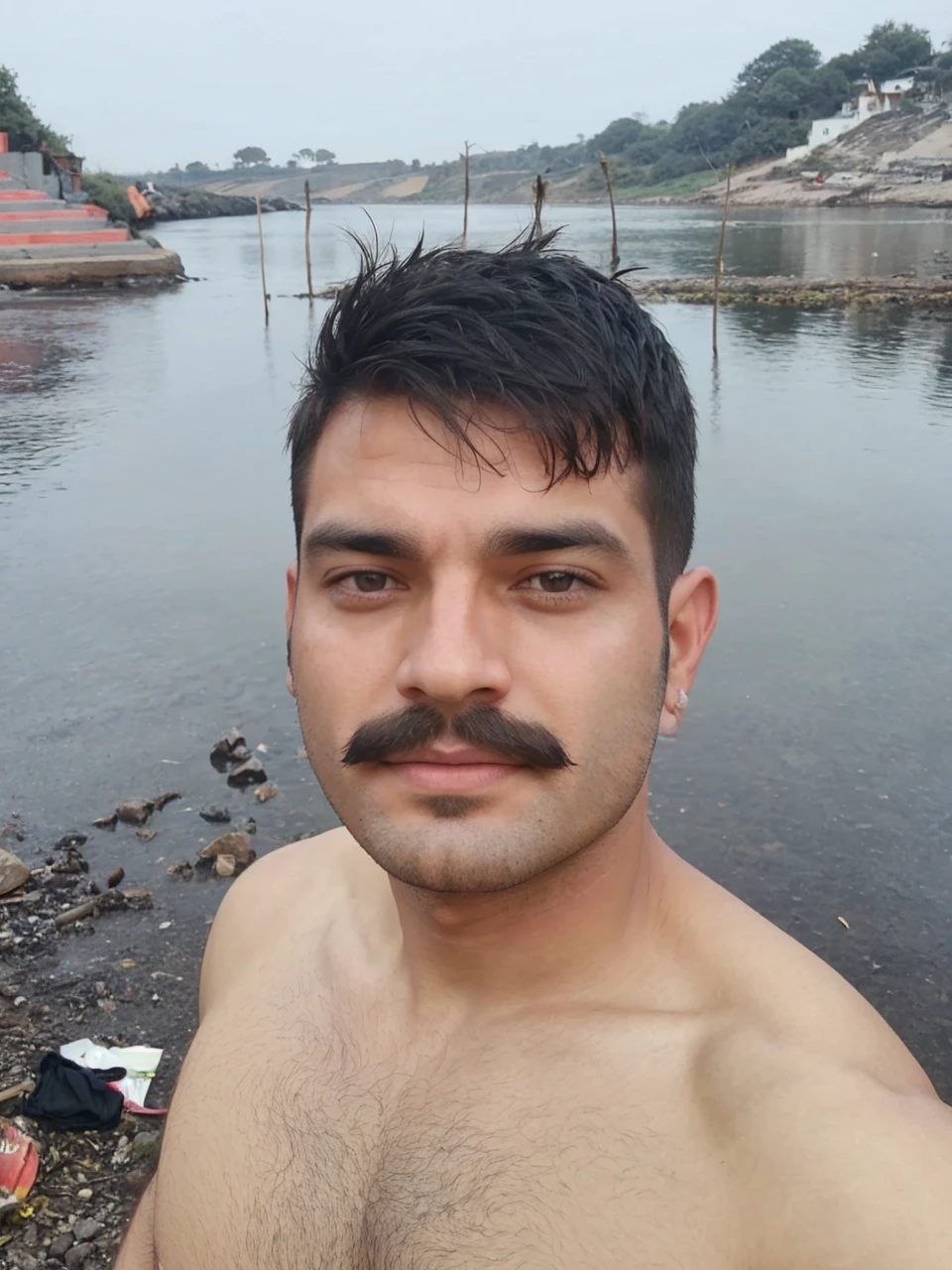 Bald head, headshaved, mustache on face, hairy chest, bear chest, messy hair chest,