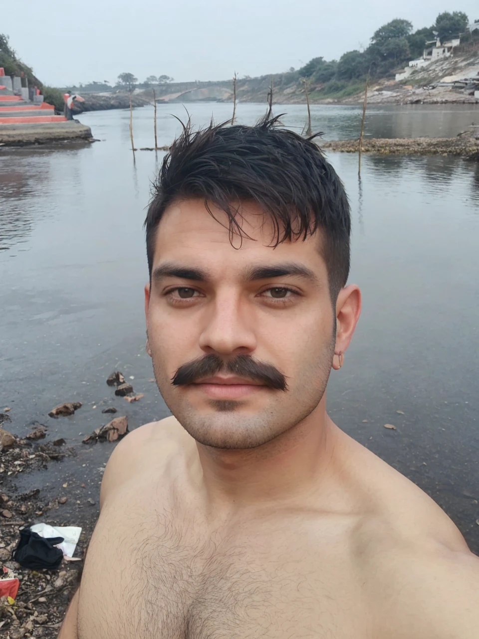 Bald head, headshaved, mustache on face, hairy chest, bear chest, messy hair chest,