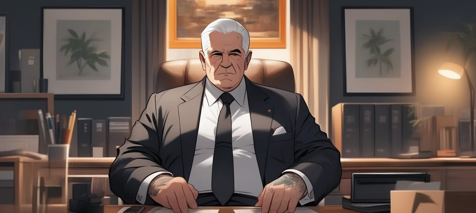 children's picture books,crayon paintings, the office of a mafia boss 1 old man, fat, mafia boss, 45 years old, black expensive suite, white short hair, tattos,