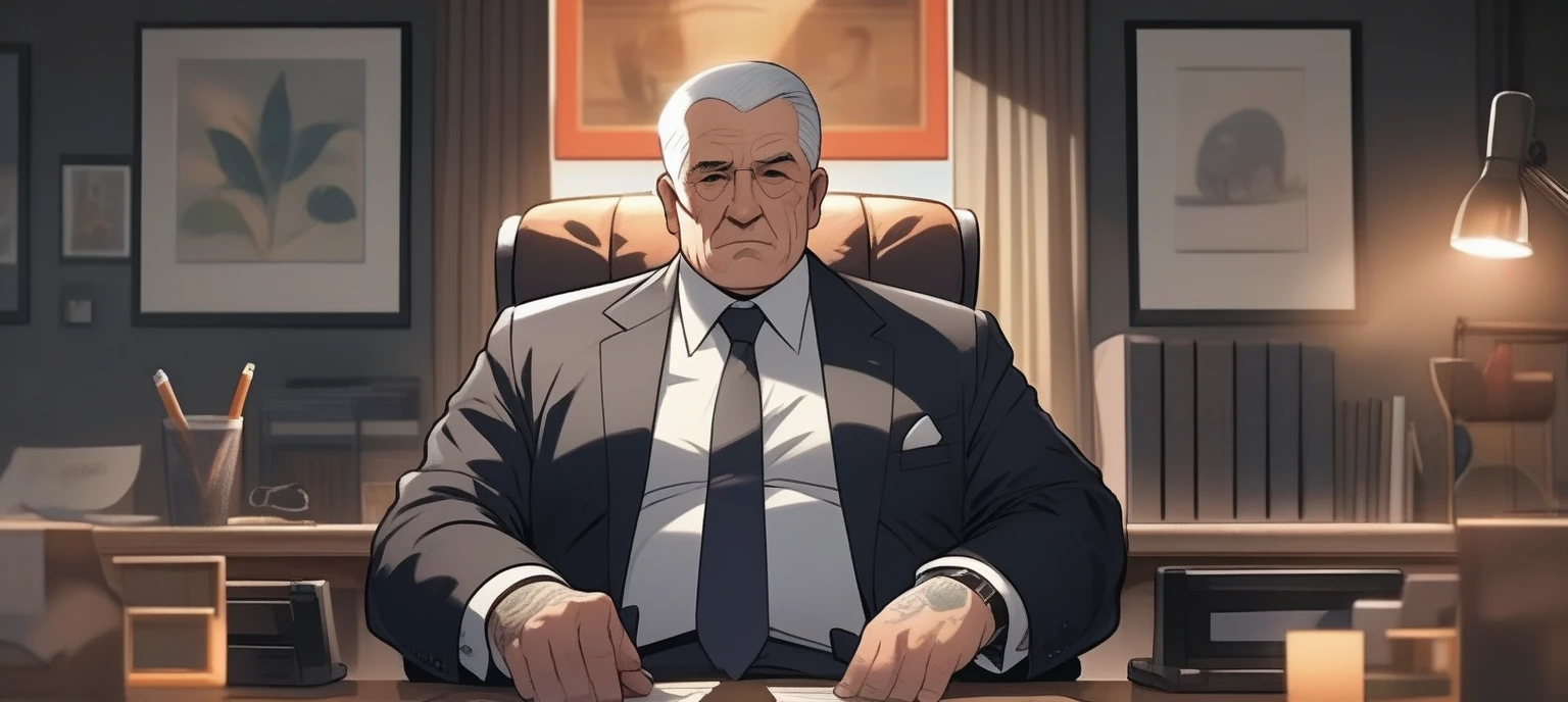 children's picture books,crayon paintings, the office of a mafia boss 1 old man, fat, mafia boss, 45 years old, black expensive suite, white short hair, tattos,