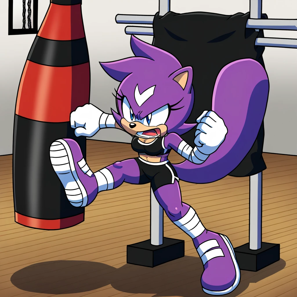 Kaori, solo, purple squirrel girl, by fumiko, by hyattlen, purple hair, blue eyes, black nose, smal squirrel tail, wearing arm wraps, arm wraps, black sports bra, thick thighs, black short shorts, angry, mouth open, perfect hands, 5 fingers, perfect anatomy, in a gym, kicking a heavy bag, kicking a punching bag, flying kick, jumping high, dynamic, barefoot, 4 toes