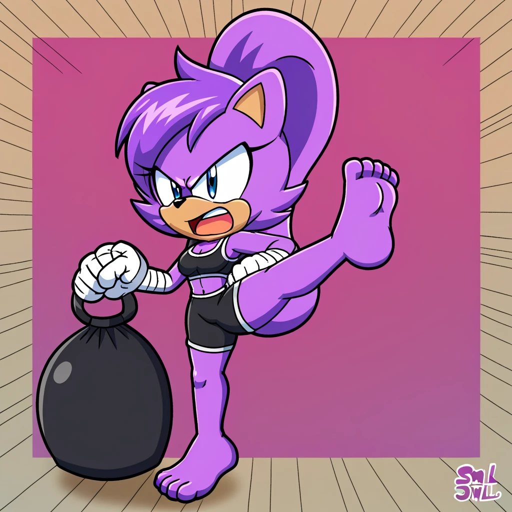 Kaori, solo, purple squirrel girl, by fumiko, by hyattlen, purple hair, blue eyes, black nose, smal squirrel tail, wearing arm wraps, arm wraps, black sports bra, thick thighs, black short shorts, angry, mouth open, perfect hands, 5 fingers, perfect anatomy, in a gym, kicking a heavy bag, kicking a punching bag, flying kick, jumping high, dynamic, barefoot, 4 toes