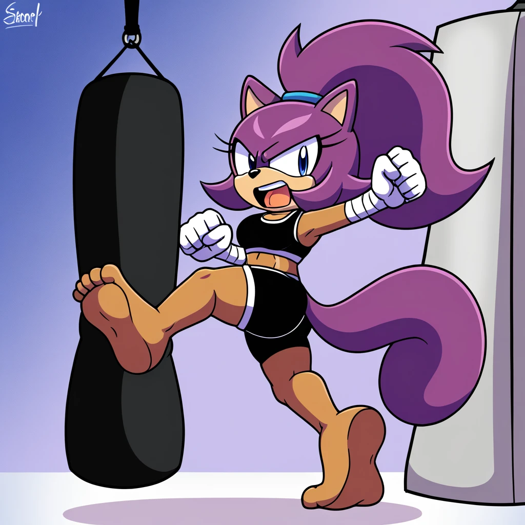 Kaori, solo, purple squirrel girl, by fumiko, by hyattlen, purple hair, blue eyes, black nose, smal squirrel tail, wearing arm wraps, arm wraps, black sports bra, thick thighs, black short shorts, angry, mouth open,  perfect  hands, 5 fingers, perfect ???????, in a gym, kicking a heavy bag, kicking a punching bag, flying kick, jumping high, dynamic, barefoot, 4 toes