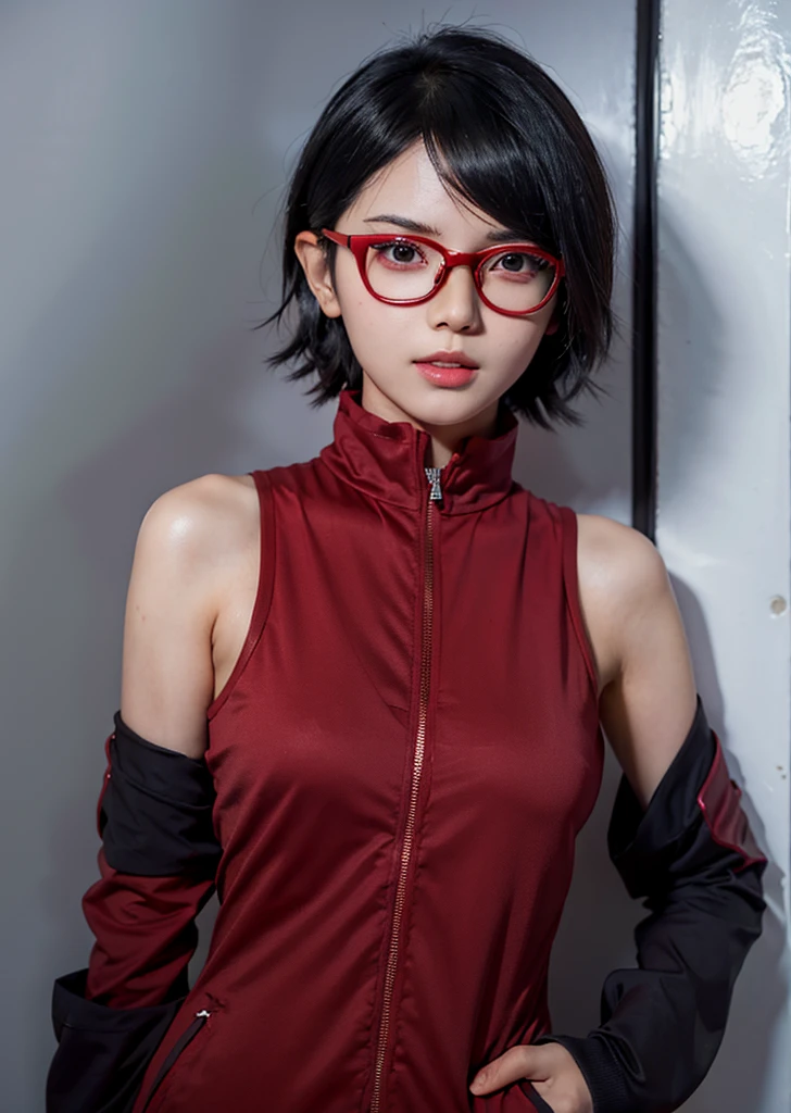 1girl, sarada in anime boruto thenextgeneration, short hair, black hair, red eyes, red clothes, realistic clothes, beautiful, wear glasses red, background city, realistic, ultra detail, smile