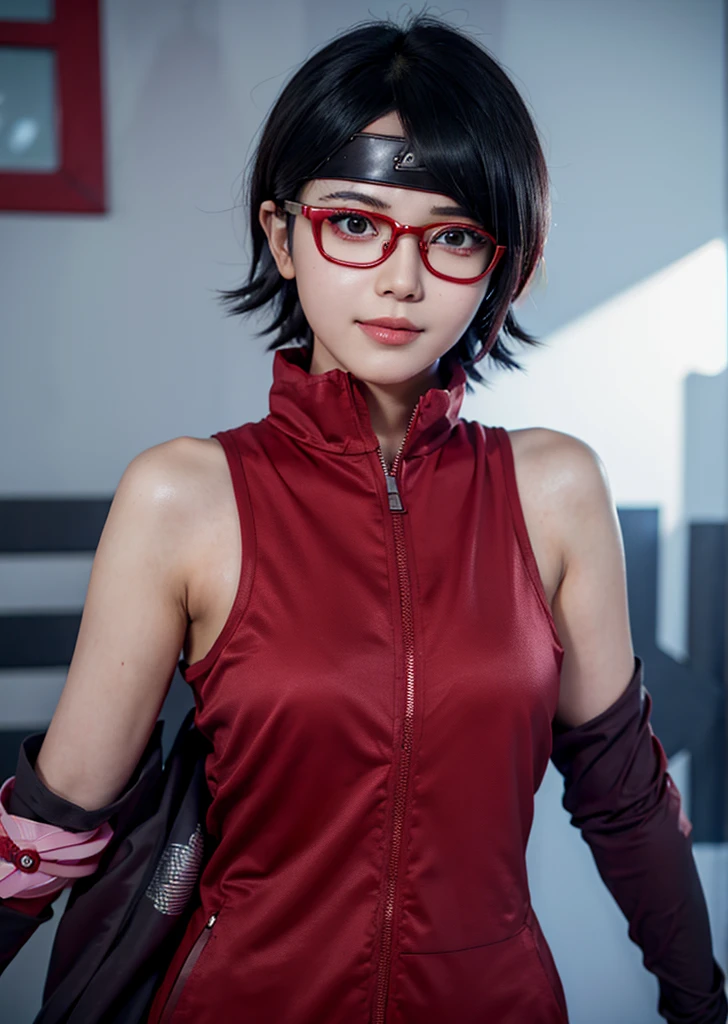 1girl, sarada in anime boruto thenextgeneration, short hair, black hair, red eyes, red clothes, realistic clothes, beautiful, wear glasses red, background city, realistic, ultra detail, smile