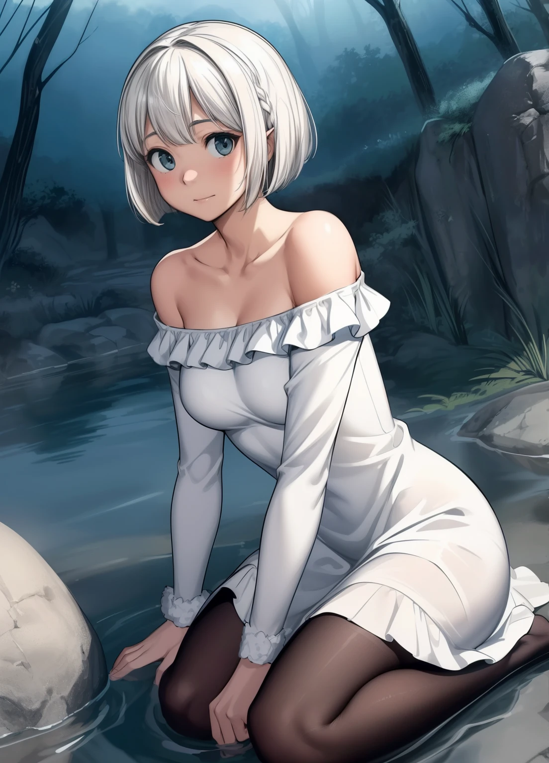 (masterpiece、highest quality、highest quality、Official Art、Beautiful and beautiful:1.2)、(One girl:1.3)Hatsune Miku、Twin tails,Beautiful breasts,Bright expression、Younger, brighter, whiter skin、Best Looks、Blonde reflection、Platinum blonde hair with dazzling highlights、Shiny bright hair,、Super long, silky straight hair、Shiny beautiful bangs、輝く透明な魅力的な大きな青いeye、A very beautiful, lovely and cute 16 year old girl、Ample breasts,美しい細かいeye, Beautifully detailed nose,(( whole body:1.5)),eye元を強調するメイク、,(A woman like Joan of Arc)、Royal Style，Comic book style, , Scattered beneath the surface, Glamorous decoration, Nature background, 超Realistic, ((Cinematic)), Dramatic lighting, Tabletop、((off-the-shoulder white shirt dress:1.4))、((Fight on the battlefield))、(Loose and fluffy perm:1.4)、One Girl、((Bob Hair:1.3))、Ultra-realistic 8K CG, perfectionな顔, perfection, clean, Tabletop, Professional artwork, Famous works of art, perfectionな顔, Beautiful Face, 美しいeye, ((perfectionな女性の体)), alone,(Immersive atmosphere, Chiaroscuro:1.5,Bright light:1.2,Bright lighting),(blush:0.5),A captivated look,Very detailed_eye,Thick thighs,Big Breasts,Beautifully detailed backgrounds,Depth of written boundary,Realistic:1.3, Long Shot,Sitting, whole body, (Ambient Light:1.3),(Cinematic composition:1.3),(Neon Light:0.1),(Hmph:0.1),Accent lighting, pantyhose,((Dynamic Pose))、(Fascinate boldly:1.5)