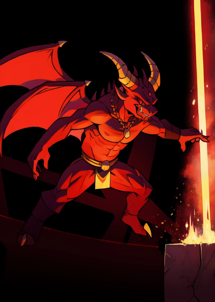 A demon with horns and red eyes duels in the arena