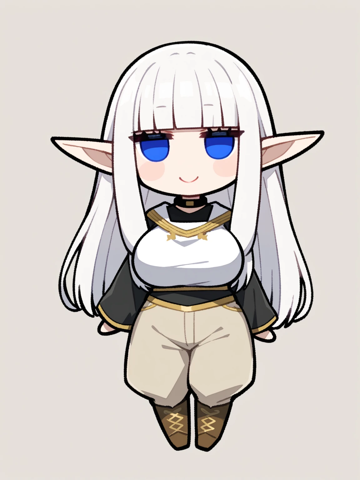 {{{kame (kamepan44231), no humans, chibi, jitome, fumo (doll)}}}, full body, 1 woman, solo, mature female, elf elegant, princess, pointy ears, blue eyes, long hair, straight hair, white hair, blunt bangs, lips, large breasts, happy, white tabard, gold trim, black collar, black undershirt, beige trousers, leather boots, facing viewer, simple background, blank background, medieval fantasy.