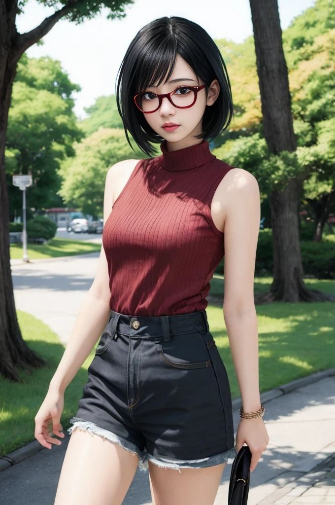 anime girl with red glasses and a red top walking down a sidewalk, range murata and artgerm, realistic anime artstyle, detailed anime character art, semirealistic anime style, realistic anime art style, realistic anime 3 d style, anime style character, highly detailed exquisite fanart, Sarada Uchiha, made with anime painter studio, female anime character,high realistic,high detailed
