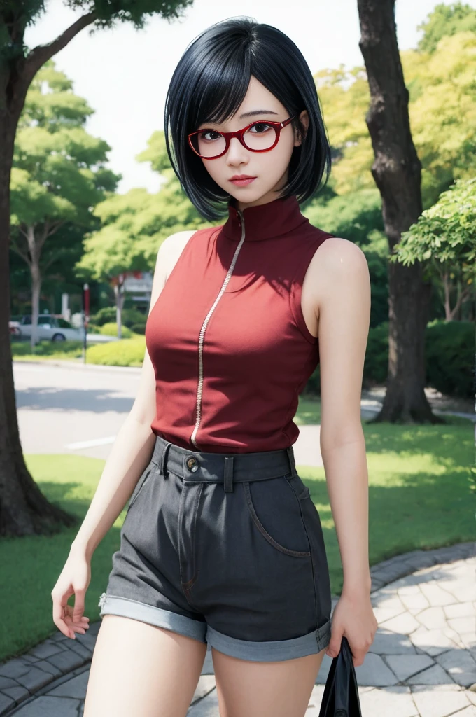 1girl, sarada uchiha in anime naruto, short hair, sexy dress, black hair, red eyes, smile, beautiful, black clothes, wearing glasses red, very big breast, sexy clothes, realistic clothes, detail clothes, indoor background, ultra detail, realistic