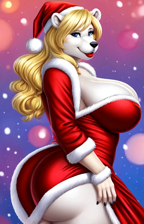 Blonde polar bear woman, wearing a backless Santa dress, perfect face, blue eyes, big breasts, cleavage, big butt, red lipstick, solo, smile, perfect detailed body,