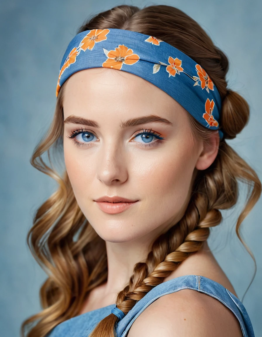 portrait of a young woman with a serene expression and delicate features. Her light brown hair is styled into a loose braid over one shoulder, and she wears a blue headband with orange floral patterns. She has clear, luminous skin and soft pale blue eyes that convey a gentle confidence. Her attire is casually elegant, with a relaxed blue denim garment. The lighting is soft and natural, enhancing the warmth and inviting quality of the portrait.