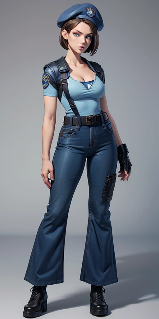 Jill Valentine, masterpiece, best quality, 1girl, solo, standing, jillre1, beret, uniform, shoulder pads, short sleeves, harness, belt, bell-bottom blue pants(Wide flares on pants:1.2), cleavage, black combat boots, full body, perfect blue eyes, perfect red mouth,
