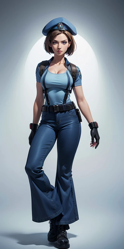 Jill Valentine, masterpiece, best quality, 1girl, solo, standing, jillre1, beret, uniform, shoulder pads, short sleeves, harness, belt, bell-bottom blue pants(Wide flares on pants:1.2), cleavage, black combat boots, full body, perfect blue eyes, perfect red mouth,
