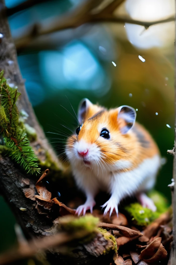RAW Photos, delicate, highest quality,Hyper Detail, In detail,  8k, 32k, masterpiece,(Ultra-high resolution:1.2),Djungarian hamster wearing a space suit, taking off his helmet、The mission to the moon is ready, In the snowy forest、Cloudy Trees々and crunchy, cold,Hide in burrows and tree holes,Rim Light