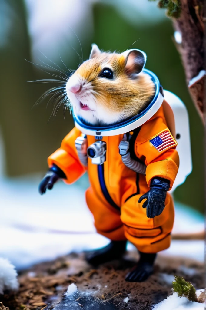 RAW Photos, delicate, highest quality,Hyper Detail, In detail, 8k, 32k, masterpiece,(Ultra-high resolution:1.2),Djungarian hamster wearing a space suit, taking off his helmet、The mission to the moon is ready, In the snowy forest、Cloudy Trees々and crunchy, cold,Hide in burrows and tree holes,Rim Light