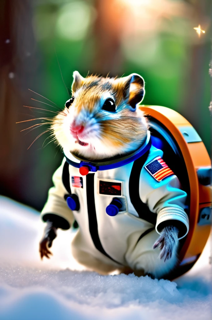 RAW Photos, delicate, highest quality,Hyper Detail, In detail, 8k, 32k, masterpiece,(Ultra-high resolution:1.2),Djungarian hamster wearing a space suit, taking off his helmet、The mission to the moon is ready, In the snowy forest、Cloudy Trees々and crunchy, cold,Hide in burrows and tree holes,Rim Light