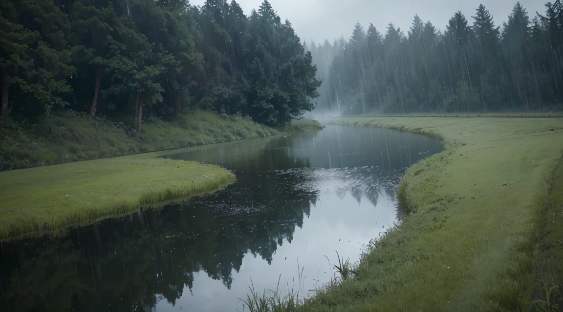 A lot of rain is falling on the surface of the water like a mirror where nothing is placed, and it is raining all the time, and the grass spreads all over wet with rain, (Photographic, Best Quality, High Quality, Highres:1.4), Detailed, Extremely Detailed, Ambient Soft Lighting, 4K, Background, Depth of Field, 