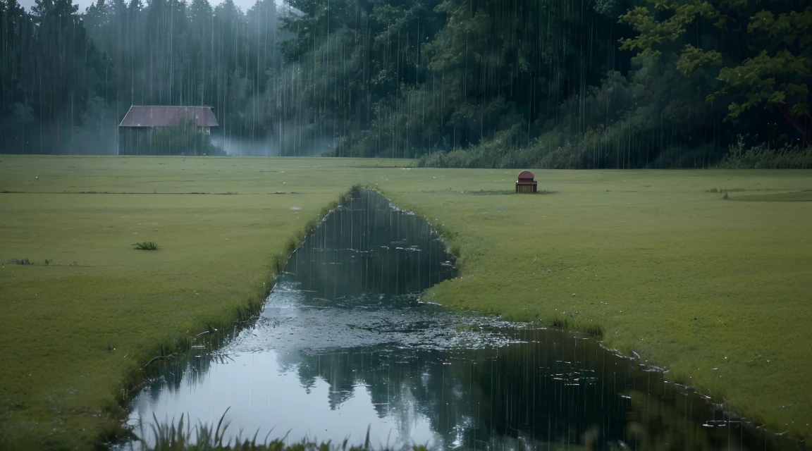 A lot of rain is falling on the surface of the water like a mirror where nothing is placed, and it is raining all the time, and the grass spreads all over wet with rain, (Photographic, Best Quality, High Quality, Highres:1.4), Detailed, Extremely Detailed, Ambient Soft Lighting, 4K, Background, Depth of Field,